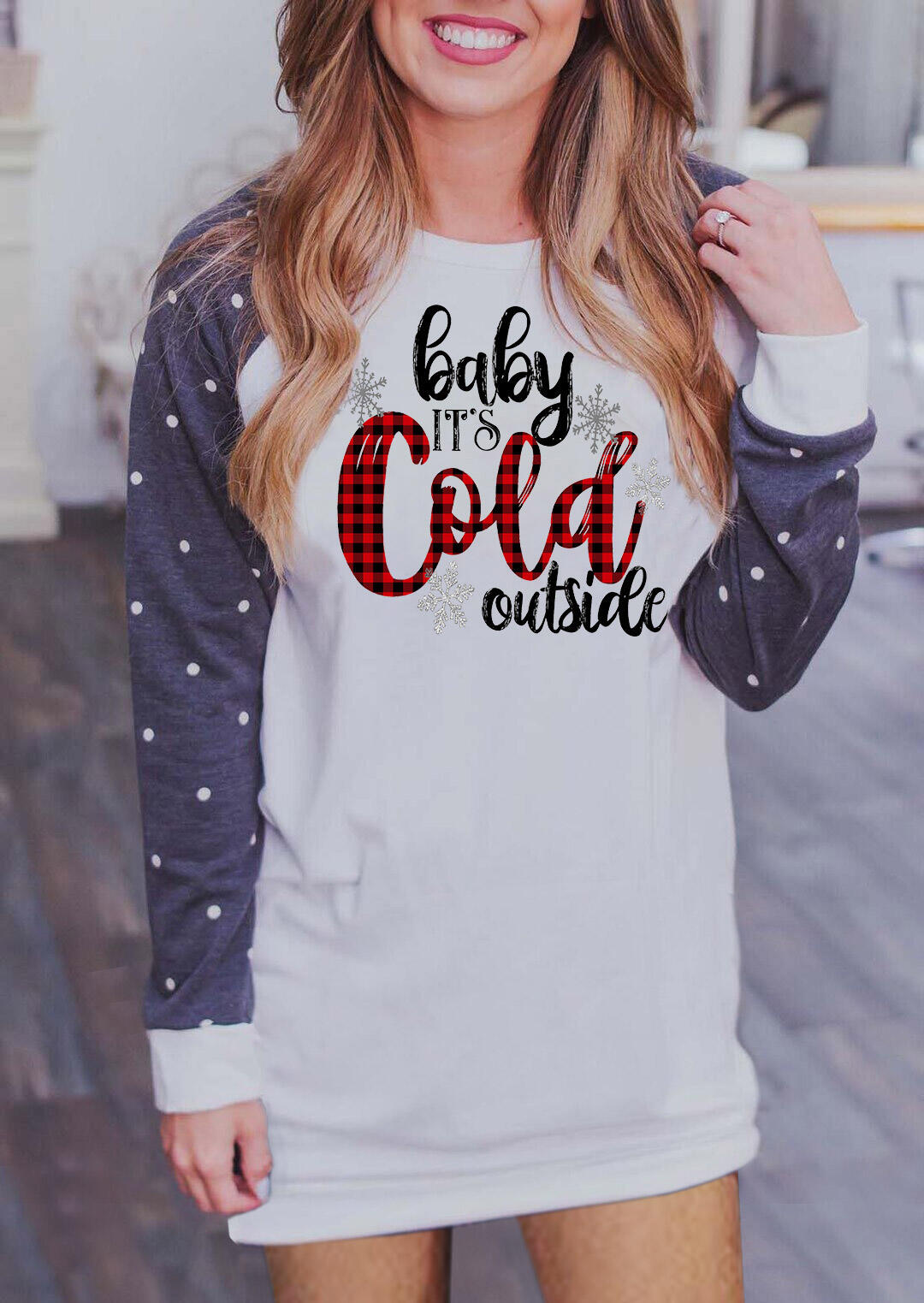 

Mini Dresses Christmas Baby It's Cold Outside Plaid Polka Dot Mini Dress in White. Size: S,M,,XL