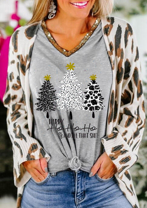 

Tees T-shirts Christmas Trees Cow Leopard Glitter Happy Ho Ho Ho T-Shirt Tee in Gray. Size: S,M,,XL