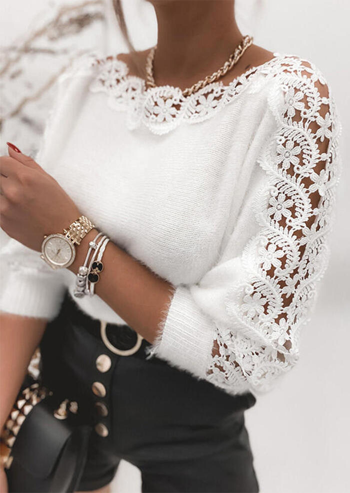 

Blouses Lace Floral Splicing Plush Blouse in White. Size