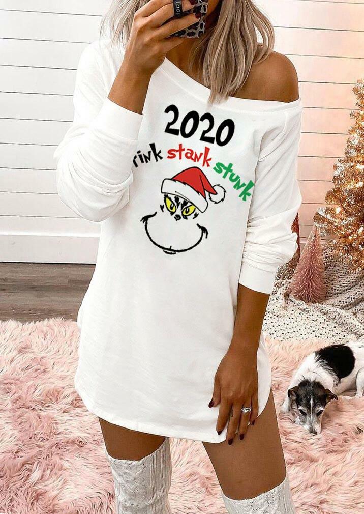 

Mini Dresses 2020 Stink Stank Stunk Christmas Hat Grinch O-Neck Mini Dress in White. Size: S,M,,XL