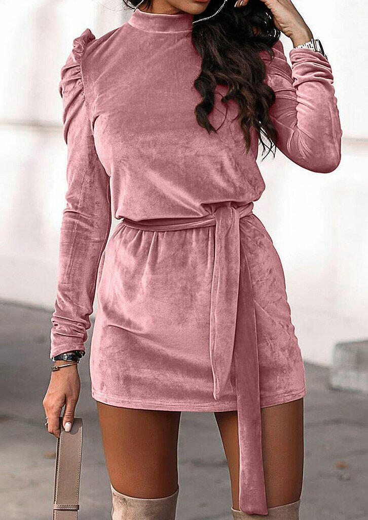 

Mini Dresses Tie Ruffled Long Sleeve O-Neck Mini Dress in Pink. Size