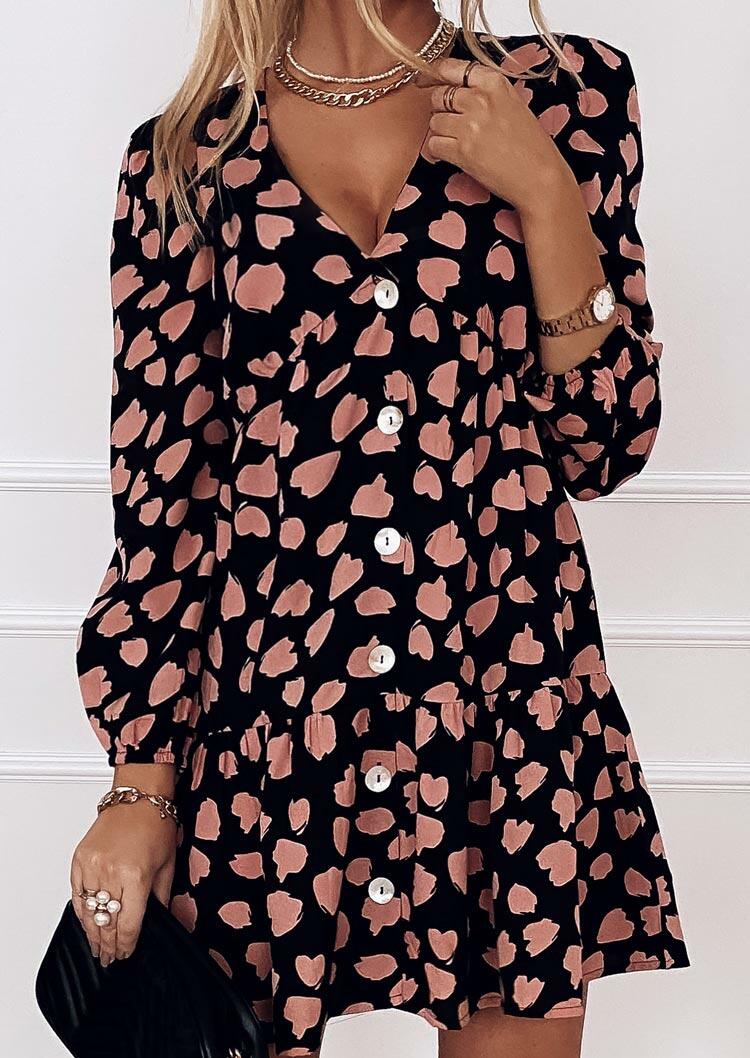 

Mini Dresses Love Heart Leopard Ruffled Button V-Neck Mini Dress in Black. Size: ,L