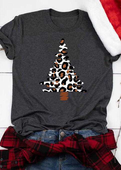 

T-shirts Tees Leopard Christmas Tree O-Neck T-Shirt Tee in Dark Grey. Size