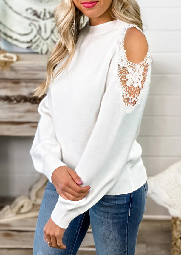 

Blouses Lace Splicing Cold Shoulder Casual Blouse in White. Size