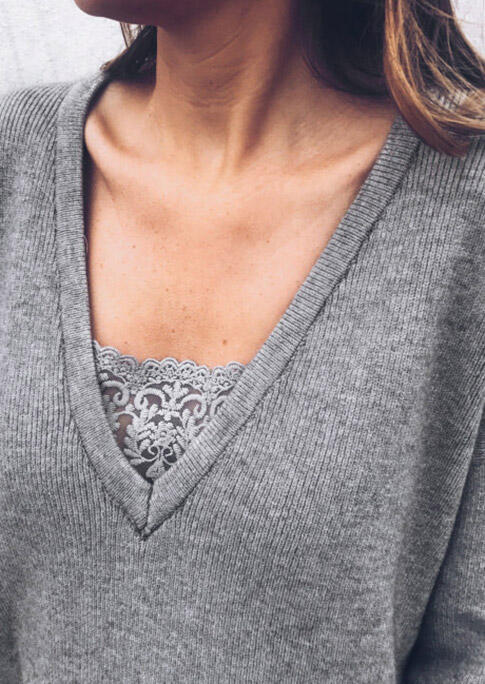 

Blouses Lace Splicing V-Neck Drop Shoulder Blouse in Gray. Size