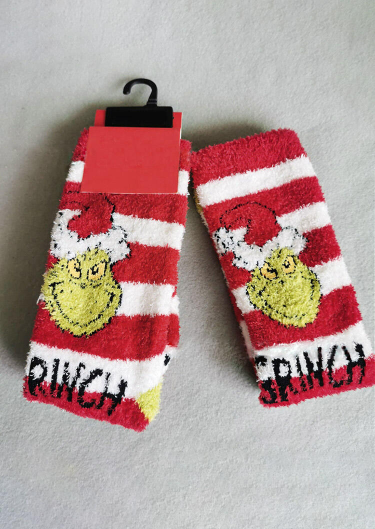 

Crew Socks Cartoon Striped Warm Plush Crew Socks in Green. Size