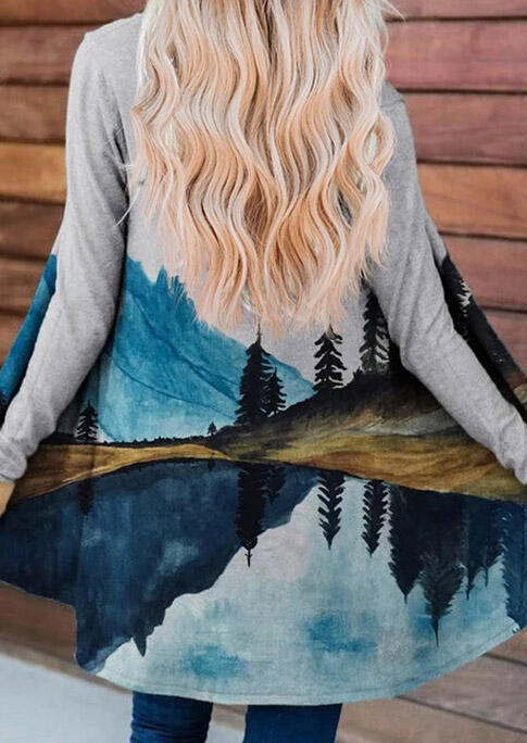 

Cardigans Mountain River Landscape Long Sleeve Cardigan in Gray. Size: ,M