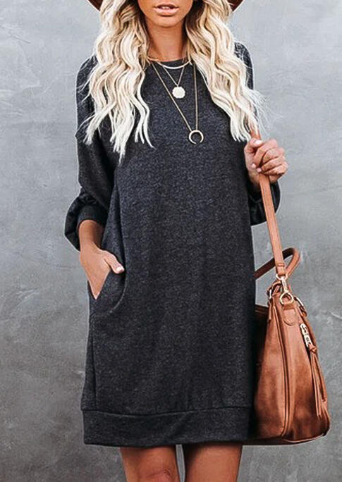 

Mini Dresses Pocket O-Neck Drop Shoulder Mini Sweatshirt Dress in Dark Grey. Size: ,XL