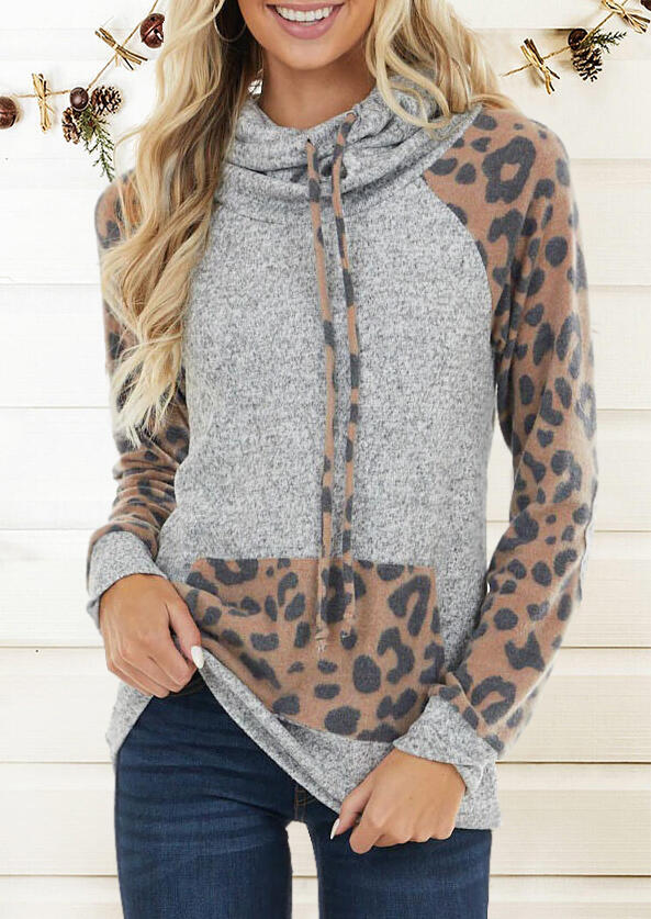 

Leopard Splicing Drawstring Kangaroo Pocket Hoodie - Gray, 490835