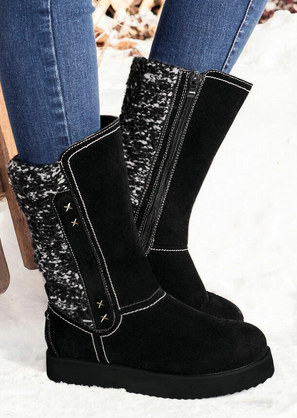 

Boots Winter Warm Mid Calf Zipper Flat Boots in Black. Size
