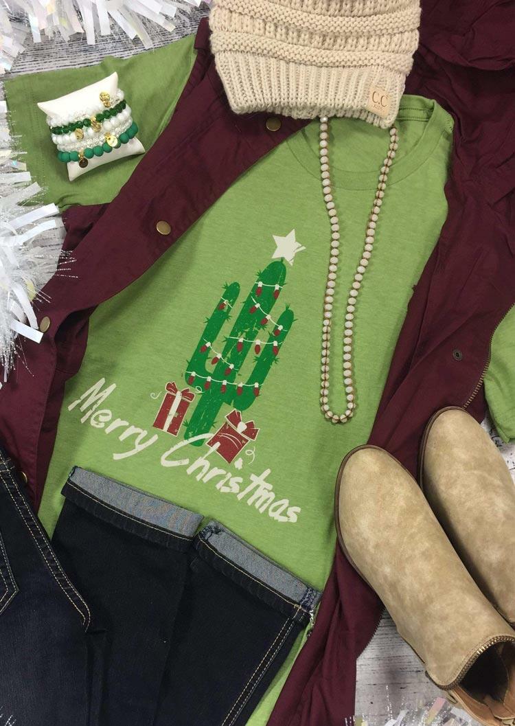 

T-shirts Tees Merry Christmas Cactus Star T-Shirt Tee in Light Green. Size: ,M,L
