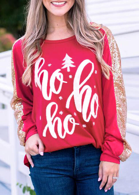 

Blouses Christmas Tree Ho Ho Ho Sequined Splicing Blouse in Red. Size