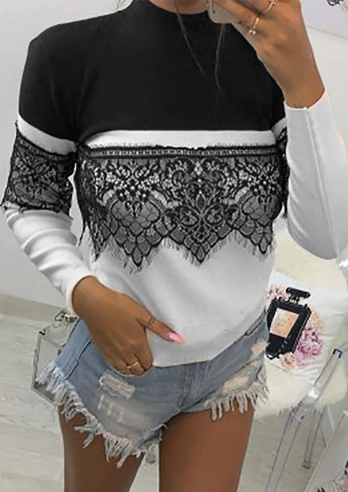 

Blouses Color Block Splicing Lace O-Neck Blouse in Black. Size