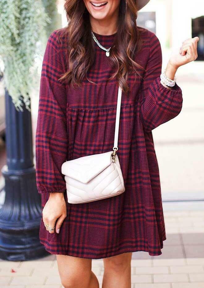 

Mini Dresses Buffalo Plaid Ruffled Elastic Cuff O-Neck Mini Dress in Plaid. Size: ,L