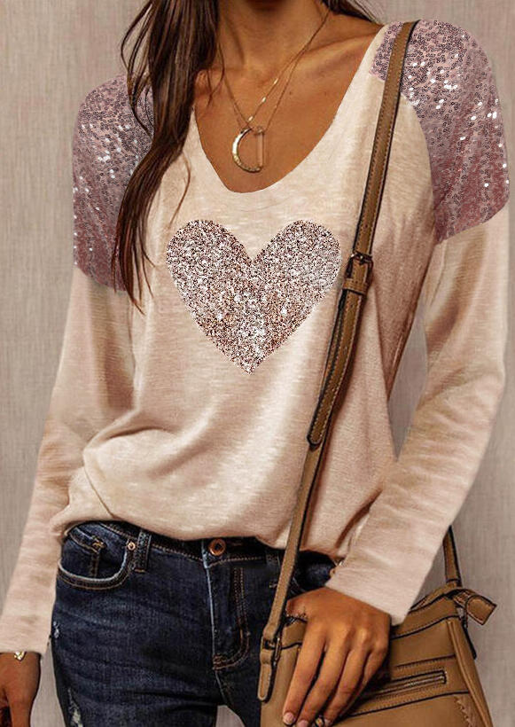 

Blouses Sequined Splicing Love Heart Long Sleeve Blouse in Khaki. Size: M