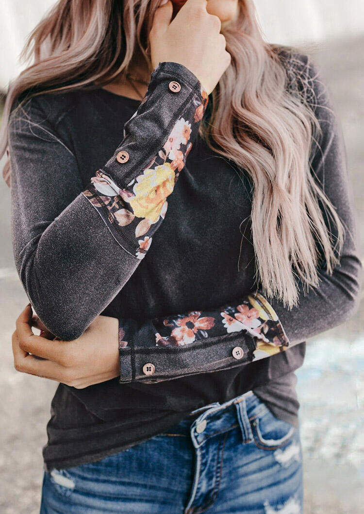 

Blouses Floral Splicing Button Long Sleeve Blouse in Dark Grey. Size: ,M,XL