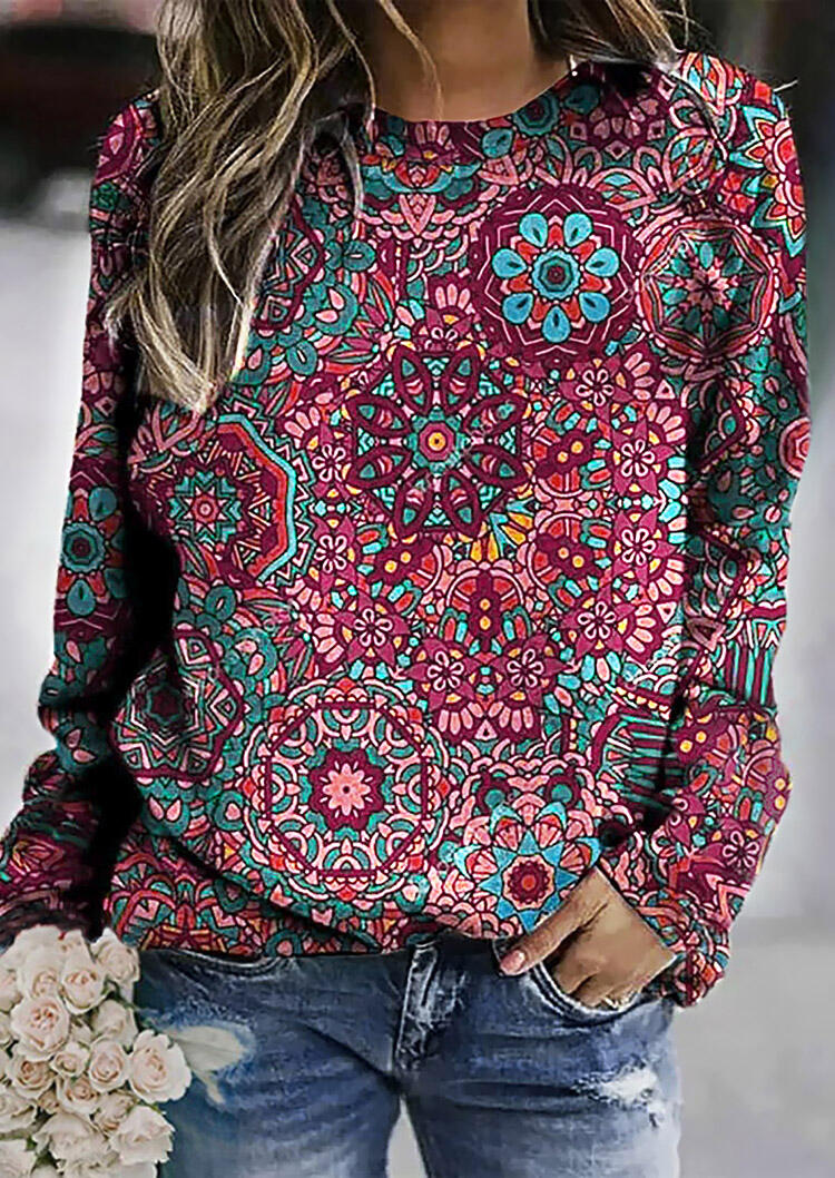 

Blouses Vintage Mandala Long Sleeve O-Neck Blouse in Multicolor. Size