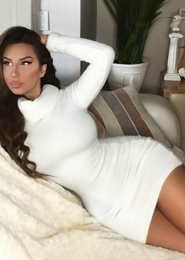 

Bodycon Dresses Long Sleeve Turtleneck Warm Fleece Bodycon Dress in White. Size