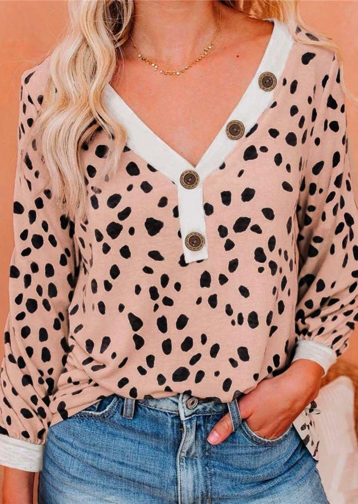 

Blouses Leopard Button V-Neck Casual Blouse in Leopard. Size