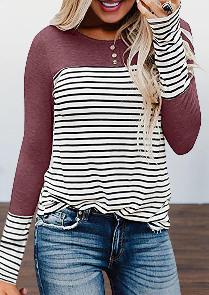 

Blouses Striped Splicing Button Long Sleeve Blouse in Cameo Brown. Size