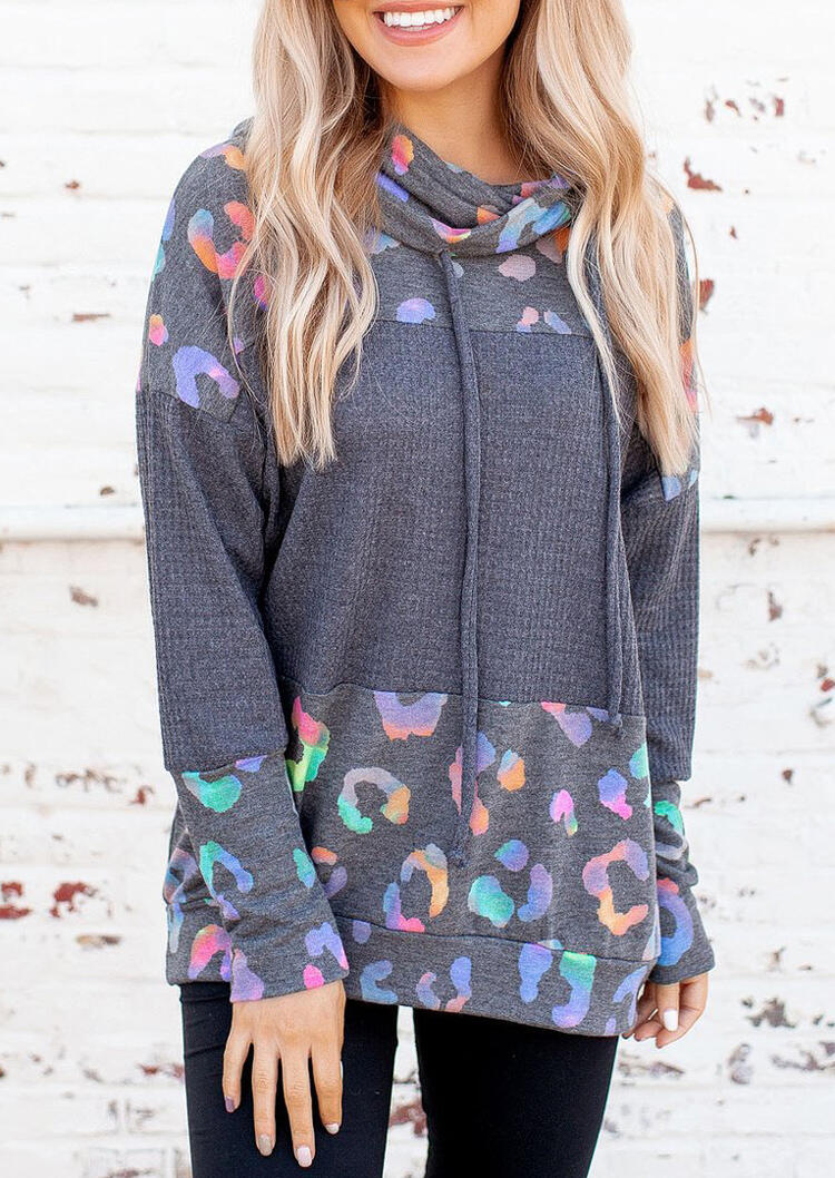 

Hoodies Colorful Leopard Waffle Drawstring Hoodie in Multicolor. Size: S