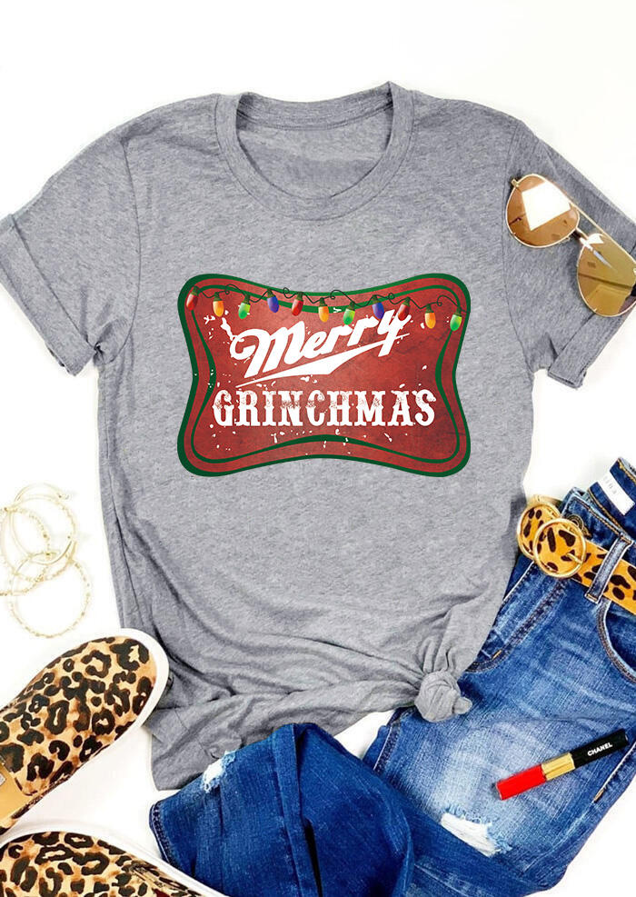 

Tees T-shirts Merry Grinchmas O-Neck T-Shirt Tee in Gray. Size: S,M,,XL