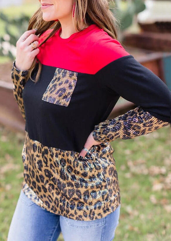 Blouses Color Block Leopard Pocket Long Sleeve Blouse in Multicolor. Size: L,M,S
