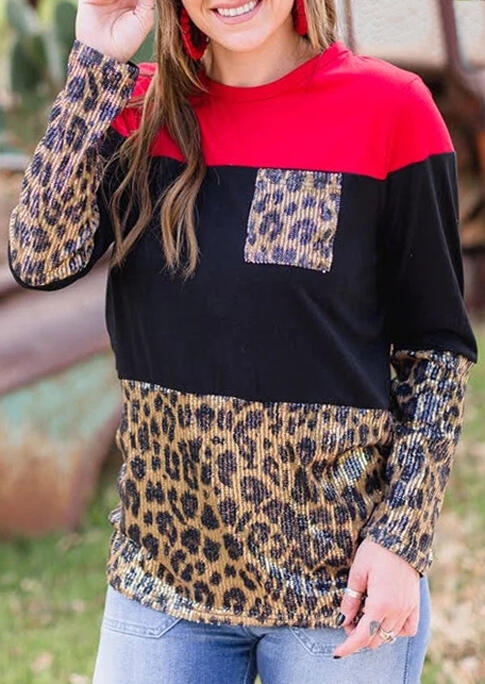 Color Block Leopard Pocket Long Sleeve Blouse