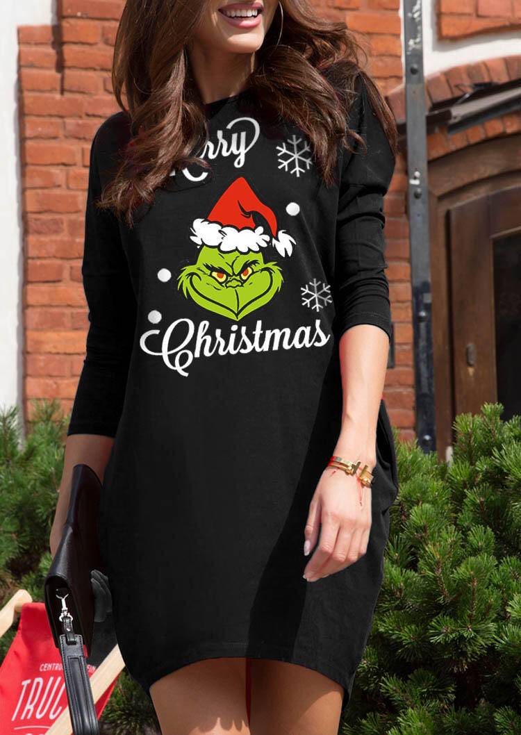 

Mini Dresses Merry Christmas Grinch Snowflake Long Sleeve Mini Dress in Black. Size: ,M,L,XL