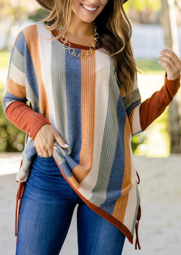 

Blouses Colorful Striped Slit Tie Casual Blouse in Stripe. Size