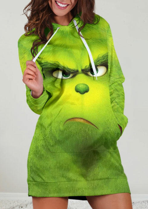 

Mini Dresses Grinch Drawstring Pocket Hooded Mini Dress in Green. Size