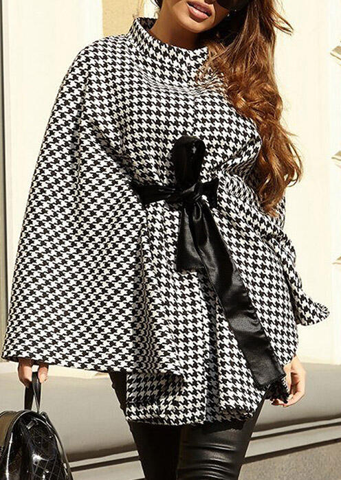 

Houndstooth O-Neck Tie Loose Shawl Cape Coat, Plaid, 490921