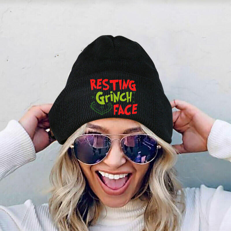

Hats Christmas Resting Grinch Face Knitted Beanie Hat in Green. Size