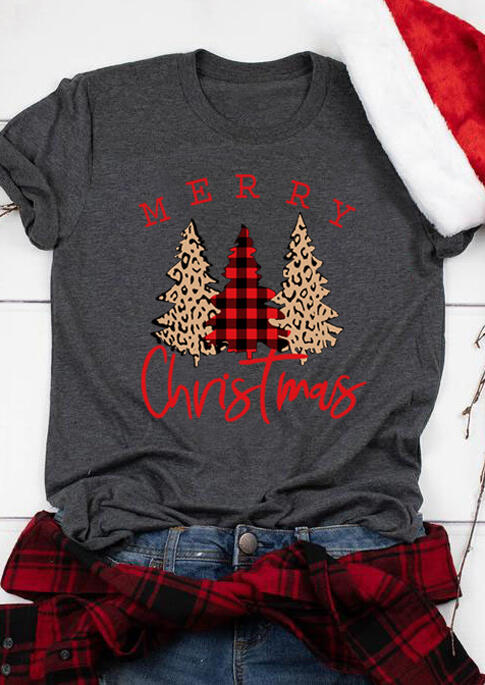 

Tees T-shirts Merry Christmas Leopard Plaid Tree T-Shirt Tee in Dark Grey. Size