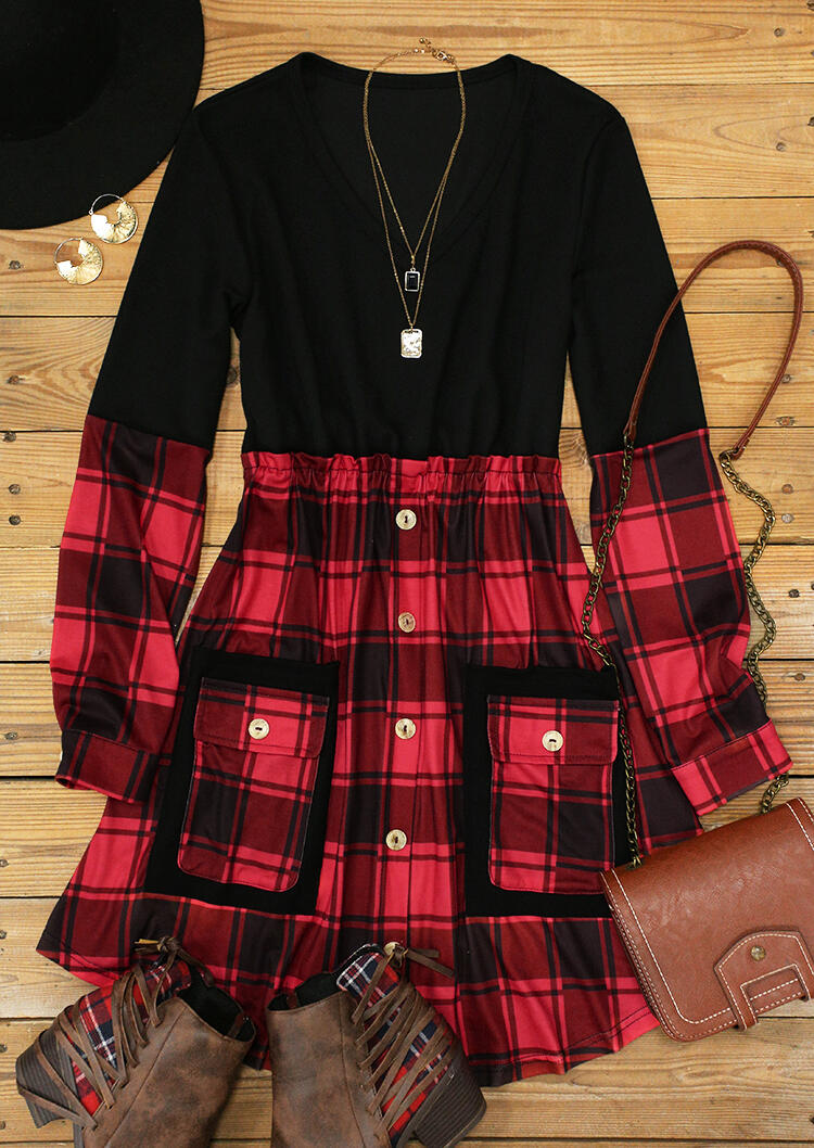 

Mini Dresses Buffalo Plaid Splicing Ruffled Button Pocket Mini Dress in Plaid. Size