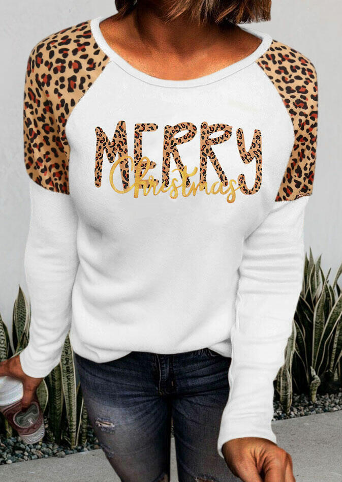 

T-shirts Tees Merry Christmas Leopard Splicing T-Shirt Tee in White. Size: ,M,L