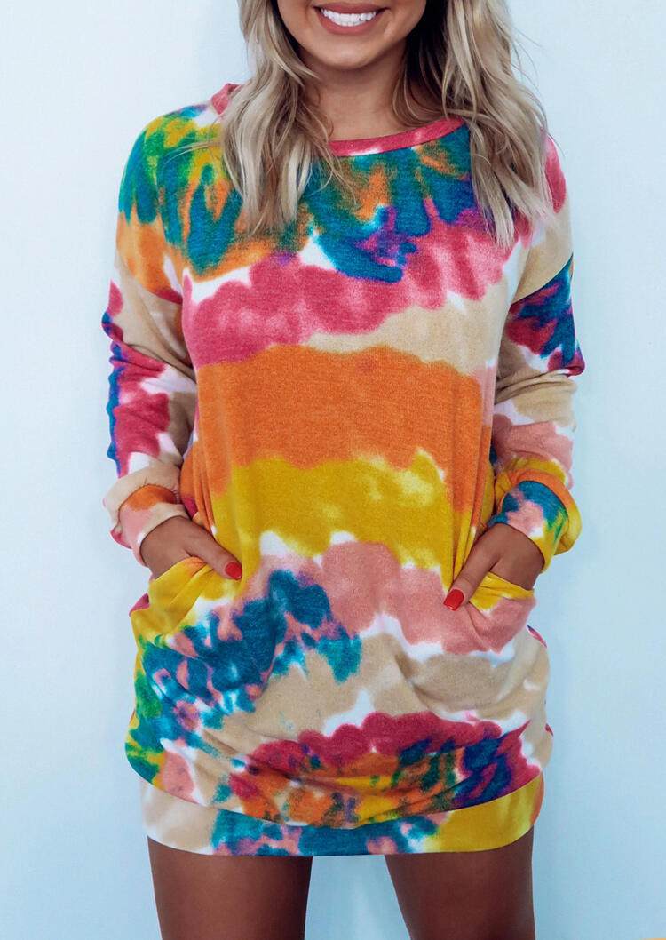 

Mini Dresses Tie Dye Pocket Long Sleeve Mini Dress in Multicolor. Size: S,M,,XL