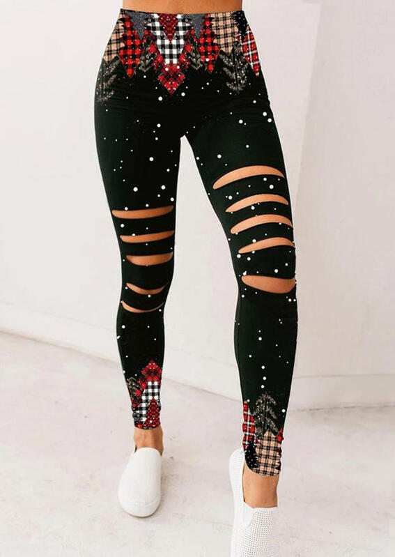 

Leggings Christmas Plaid Hollow Out Elastic Waist Leggings in Black. Size: ,L