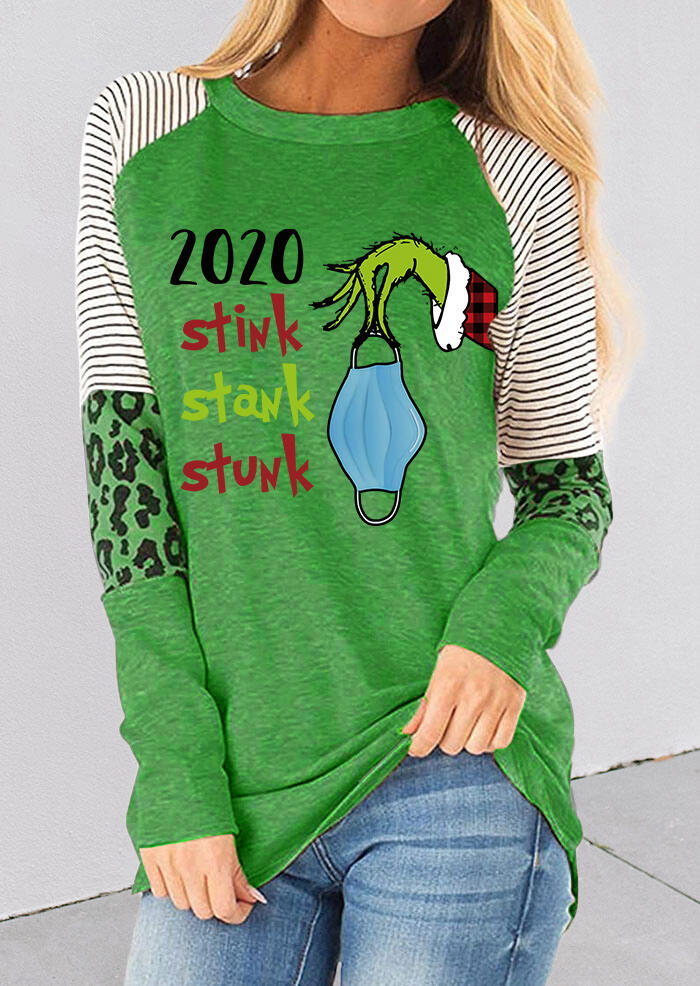 

Blouses 2020 Stink Stank Stunk Grinch Hand Striped Leopard Blouse in Green. Size: ,M,L