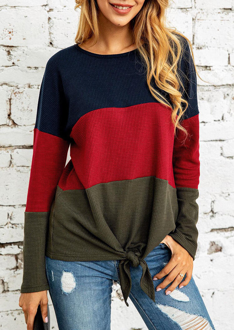 

Blouses Color Block Tie Long Sleeve Casual Blouse in Multicolor. Size