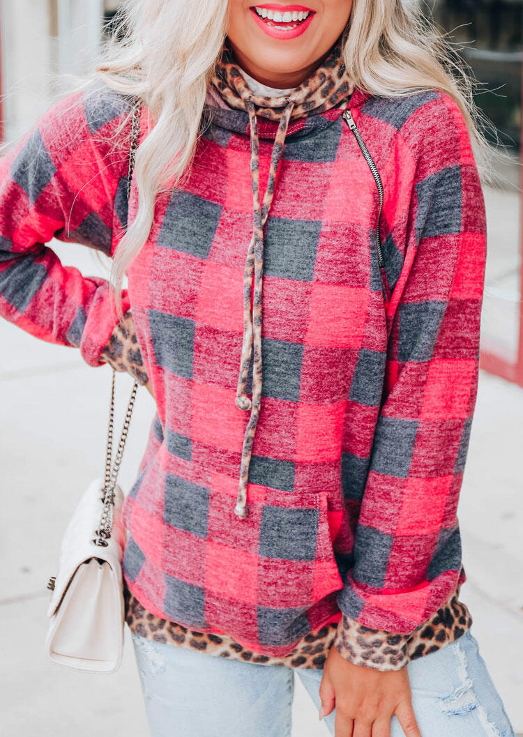 

Hoodies Plaid Leopard Splicing Drawstring Kangaroo Pocket Hoodie in Red. Size