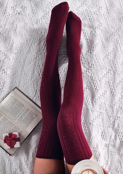 

Knee-High Socks Knitting Over Knee Warm Socks in Light Grey,Burgundy. Size