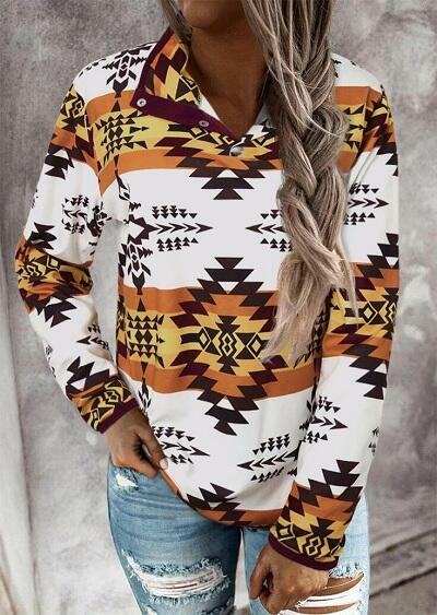 Sweatshirts Aztec Geometric Button Fleece Pullover Sweatshirt in Multicolor. Size: L,S,XL