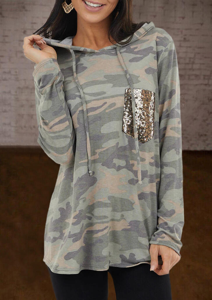 

Hoodies Camouflage Sequined Pocket Drawstring Hoodie in Camouflage. Size