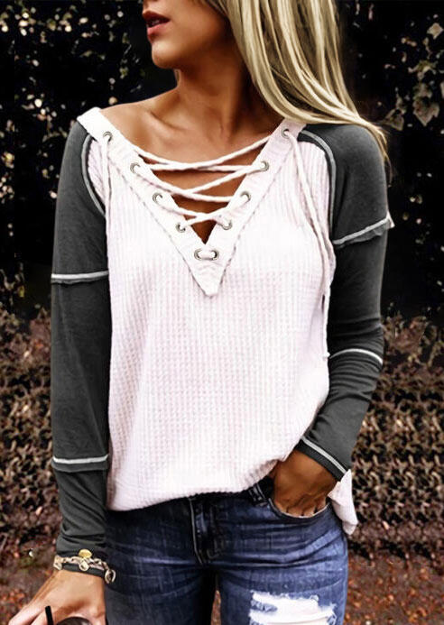 

Blouses Lace Up Waffle Splicing V-Neck Long Sleeve Blouse in White. Size