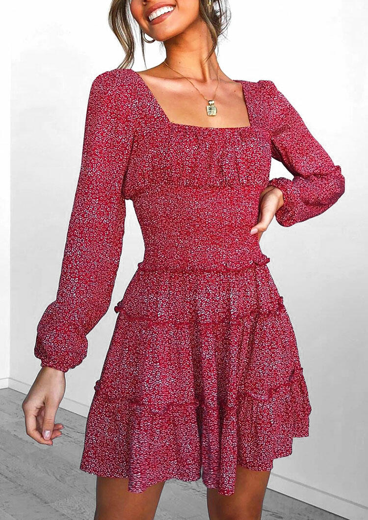 

Mini Dresses Floral Ruffled Long Sleeve Square Collar Mini Dress in Red. Size