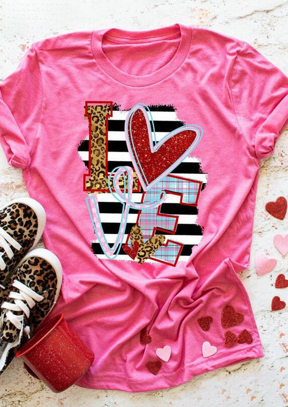 T-shirts Tees Love Leopard Striped Plaid Glitter T-Shirt Tee in Pink. Size: S