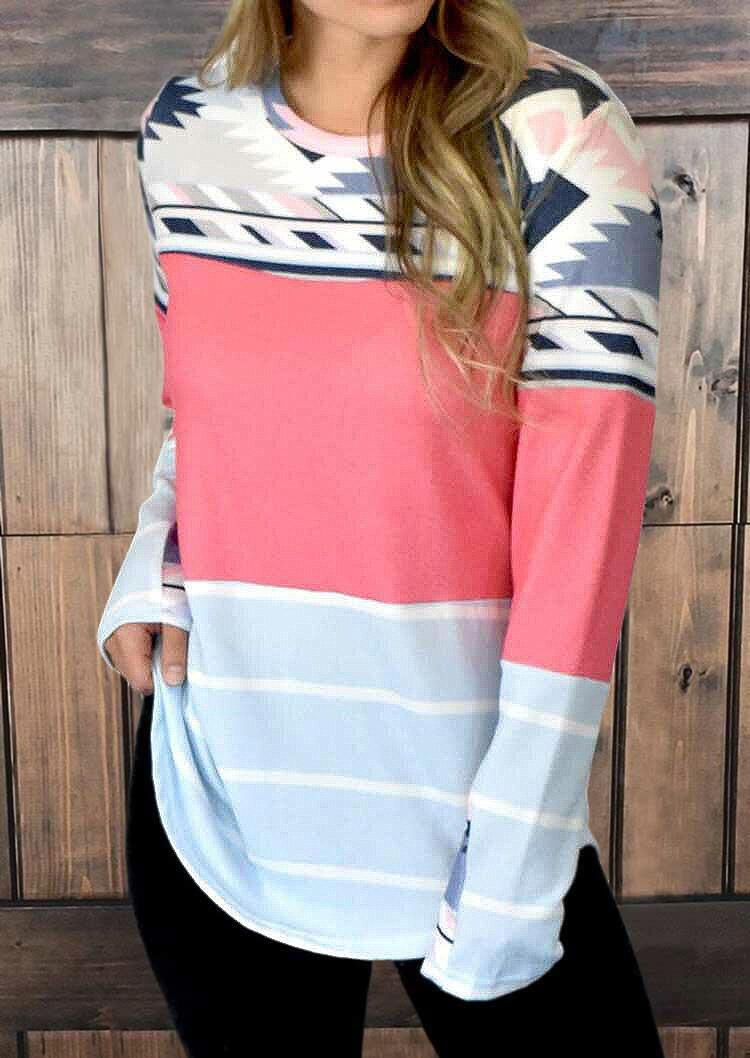 Blouses Aztec Geometric Splicing Striped Long Sleeve Blouse in Multicolor. Size: S,M