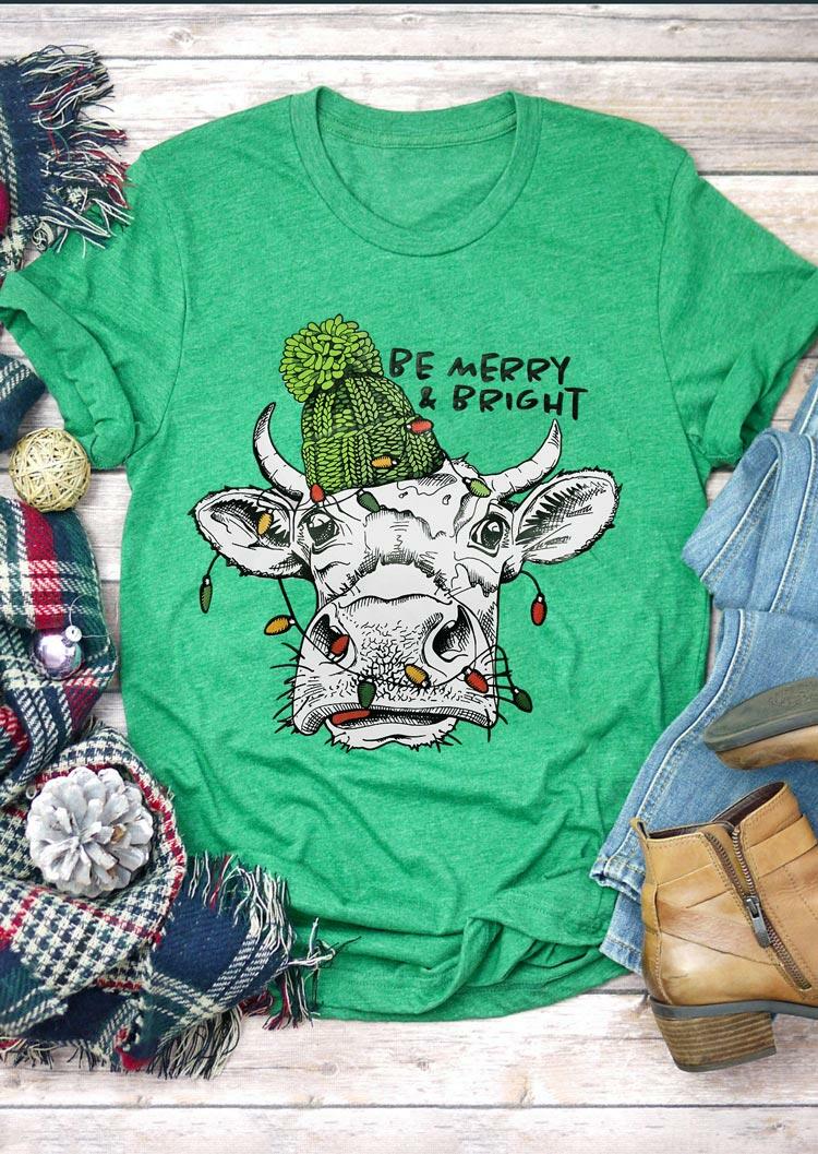 

Tees T-shirts Christmas Cattle Be Merry & Bright T-Shirt Tee in Green. Size
