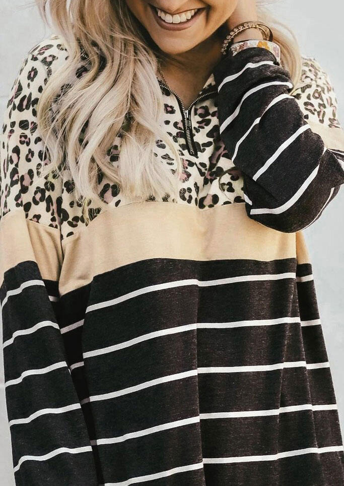 

Sweatshirts Leopard Striped Splicing Zipper Collar Pullover Sweatshirt in Multicolor. Size: ,M,L